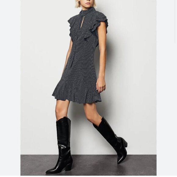 Karen Millen Black White Ruffle Keyhole Tie Neck Dress Size 6 - Picture 2 of 9
